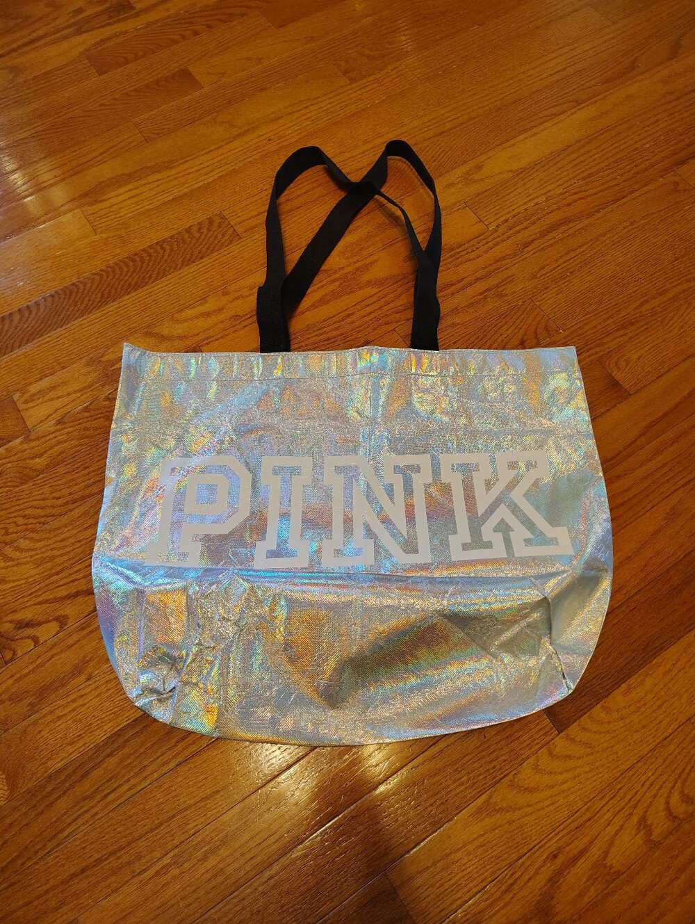 PINK Victoria's Secret Iridescent Silver Holographic Tote with Black Straps